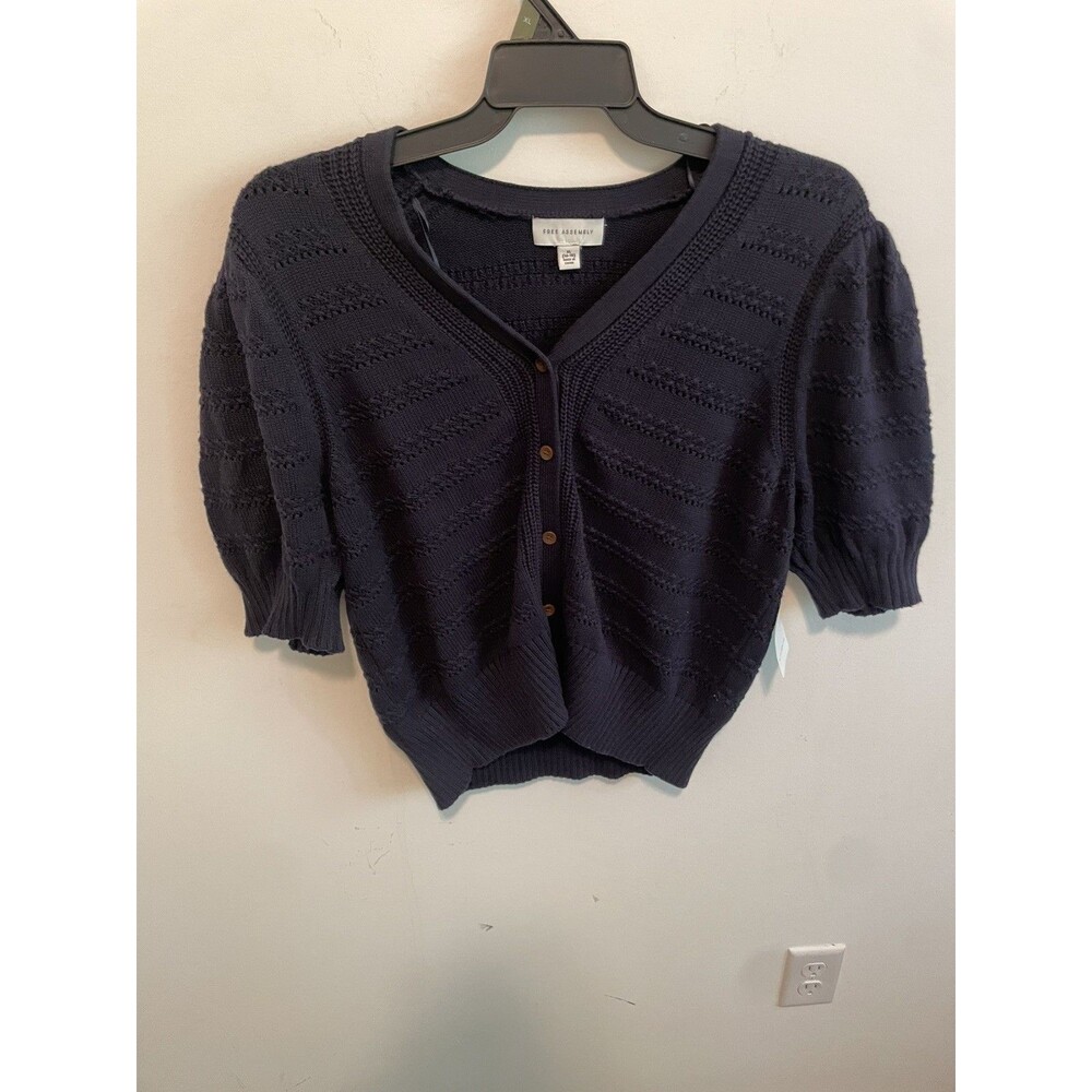 Free Assembly Women's Blue Knit V-Neck Button Front Puff Sleeve Cardigan M